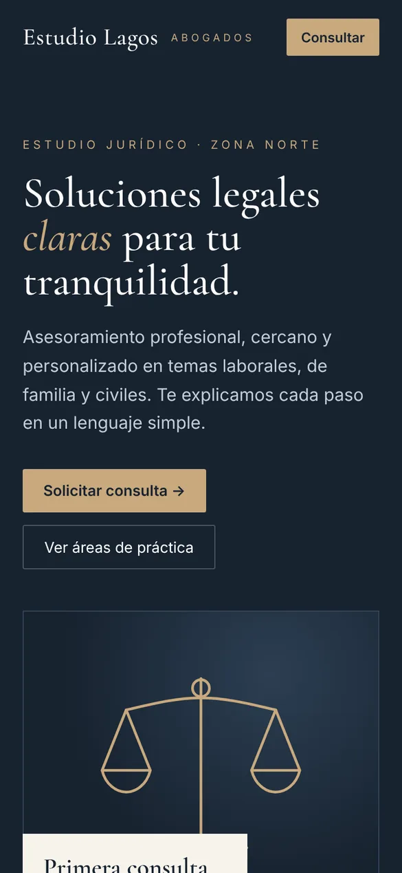Vista en celular de la demo para un estudio jurídico