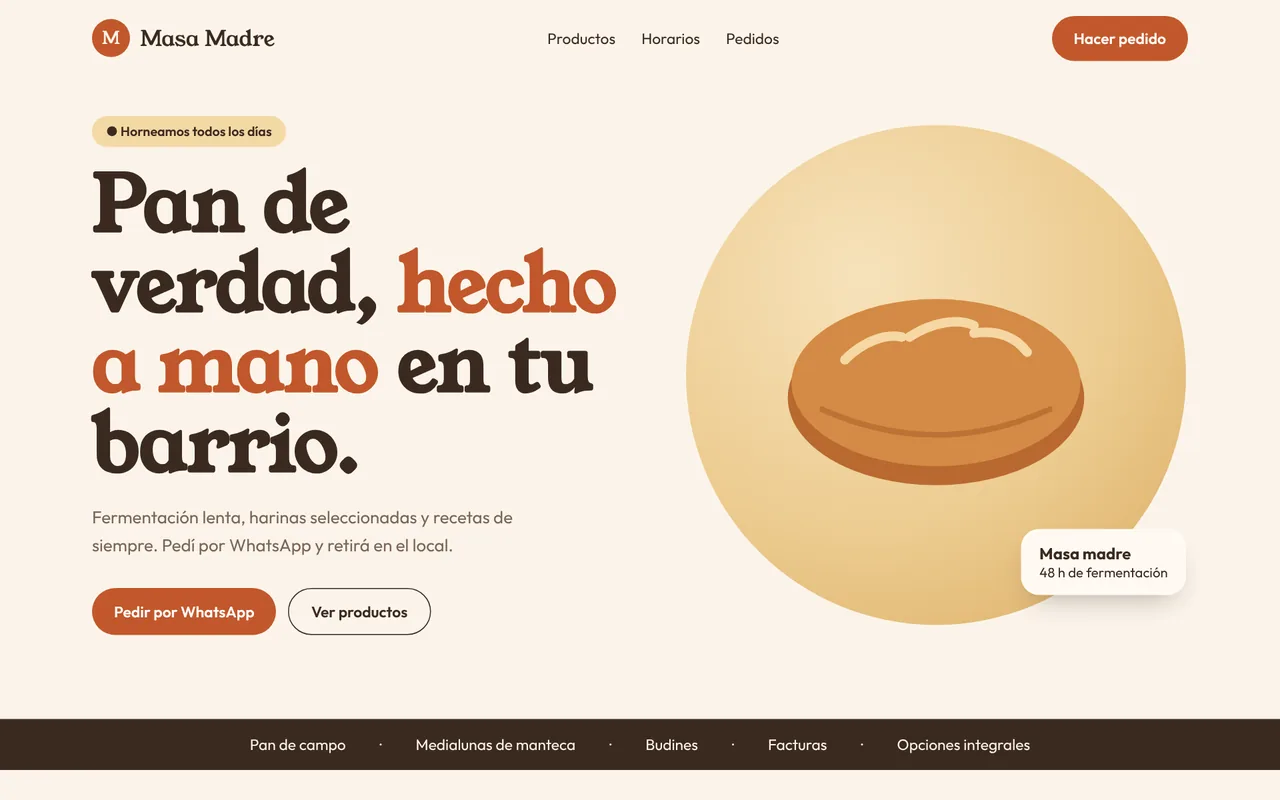 Vista de escritorio de la demo para una panadería artesanal, en crema y terracota