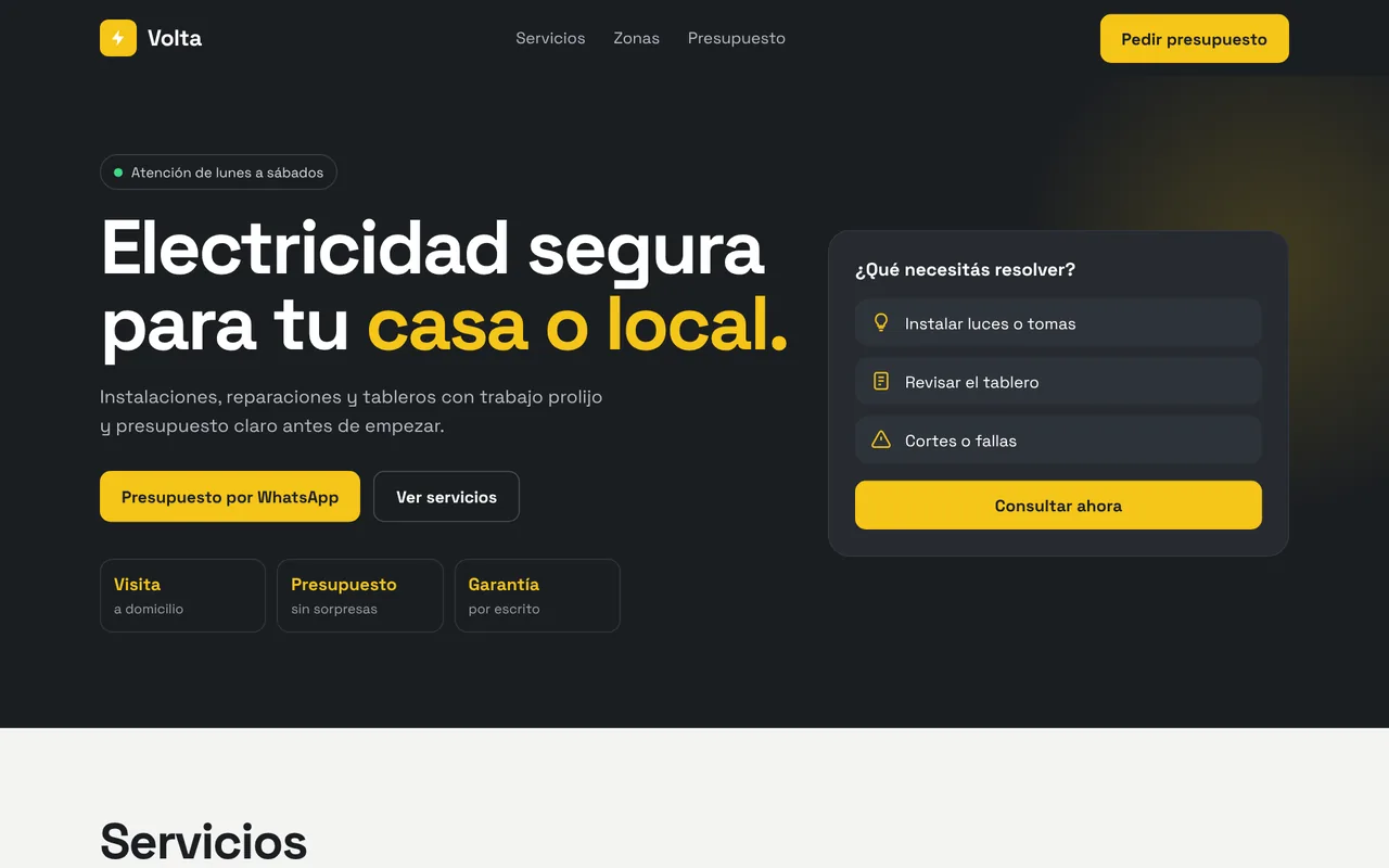Vista de escritorio de la demo para un servicio de electricidad, en grafito y amarillo