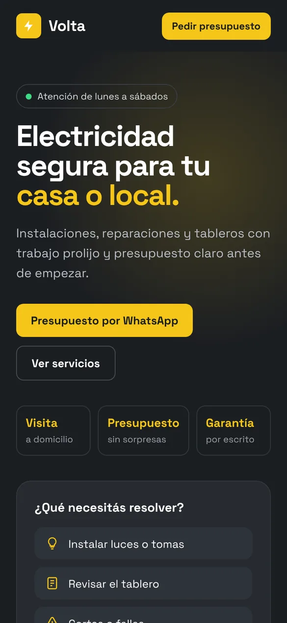 Vista en celular de la demo para un servicio de electricidad